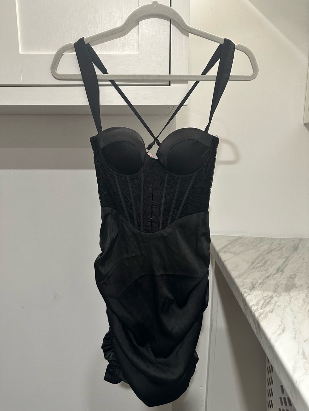 Oh Polly Black Satin & Lace Bustier Dress